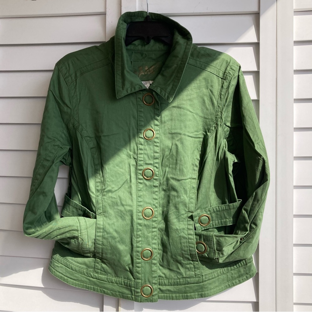 LAL  Jacket Women's Green Solid Cotton Long Sleeve Collared Snap Front Sz M-L